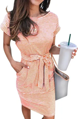 2025 Womens Summer Vacation Dresses Short Sleeve Casual Tie Waist Striped Crewneck Trendy Resort Wear Dress