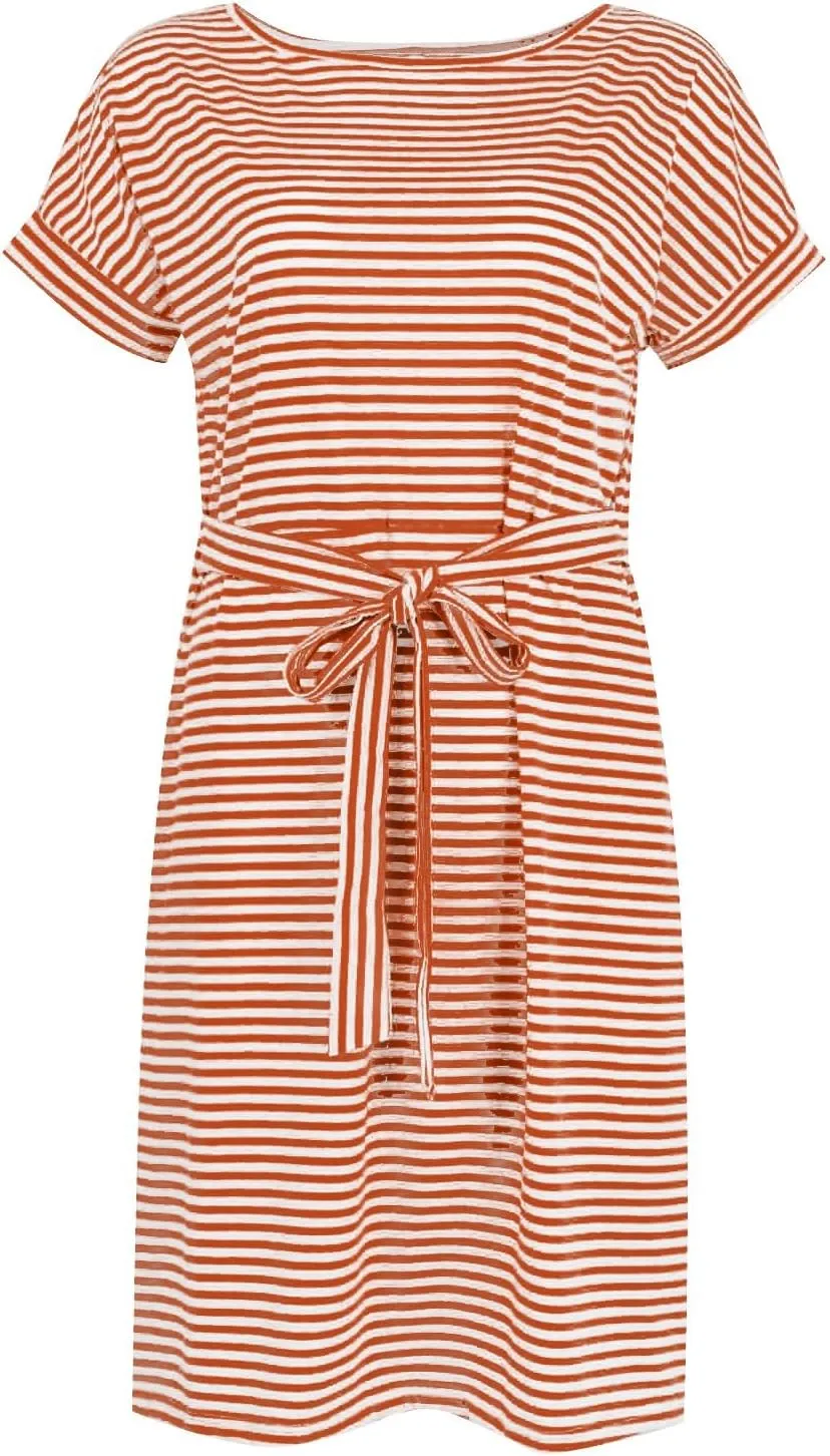 2025 Womens Summer Vacation Dresses Short Sleeve Casual Tie Waist Striped Crewneck Trendy Resort Wear Dress