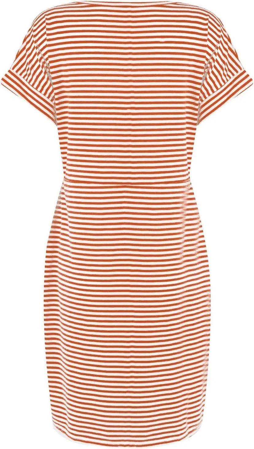 2025 Womens Summer Vacation Dresses Short Sleeve Casual Tie Waist Striped Crewneck Trendy Resort Wear Dress