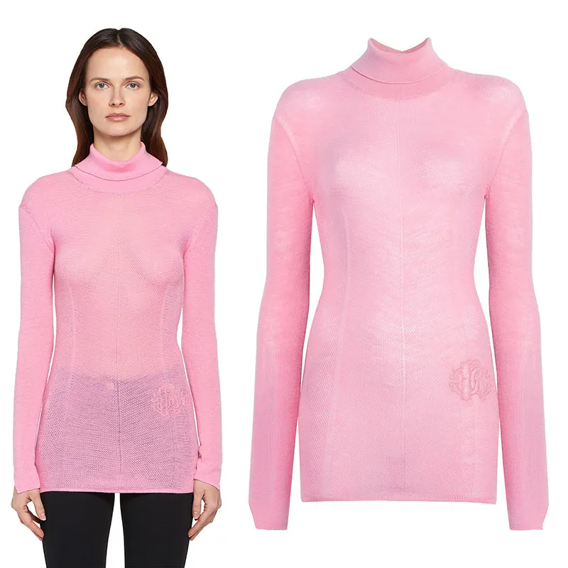 38 NEW $675 ROBERTO CAVALLI Pink WOOL CASHMERE RC LOGO Knit Tunic SWEATER TOP XS