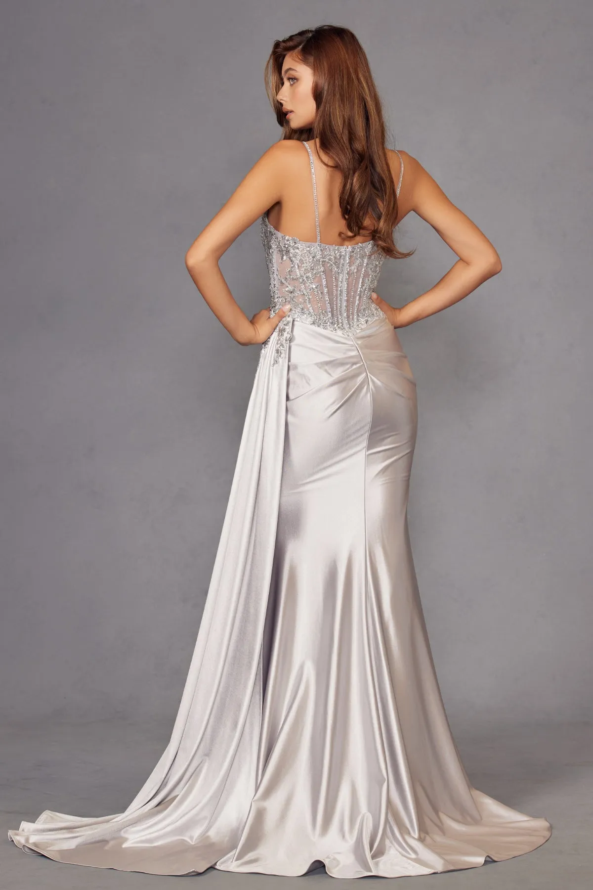 Applique Satin Sleeveless Slit Gown by Juliet JT2535K