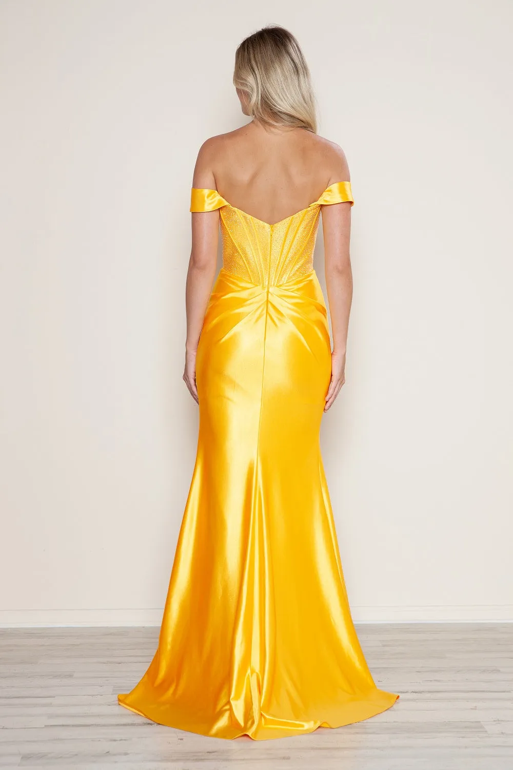 Beaded Satin Fitted Corset Slit Gown by Poly USA 9656