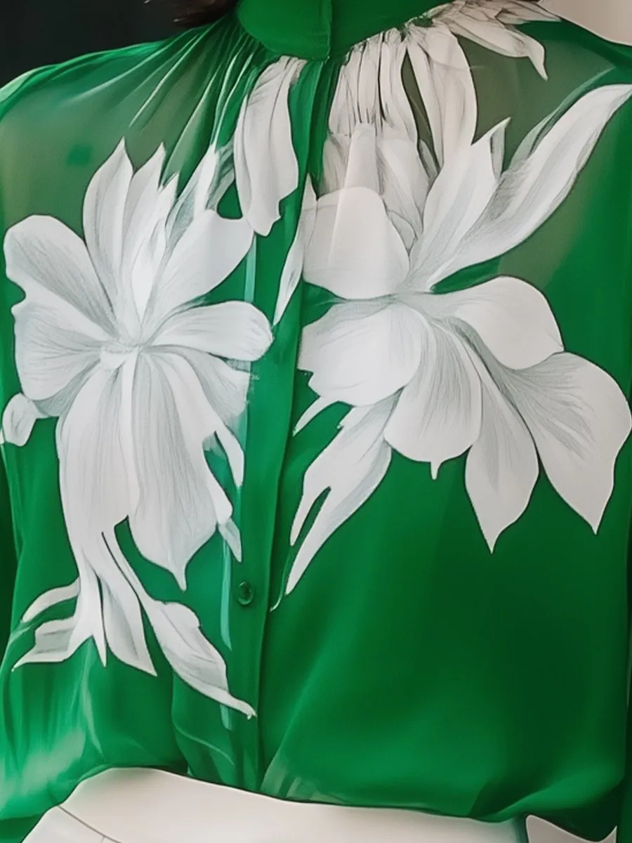 Emerald Green Blouse with White Floral Print