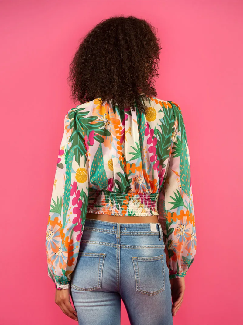 Faux Wrap Print Silk Blouse