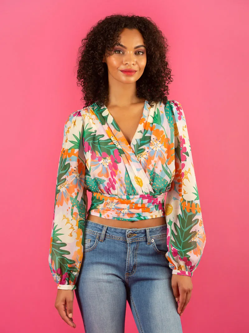 Faux Wrap Print Silk Blouse