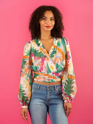 Faux Wrap Print Silk Blouse