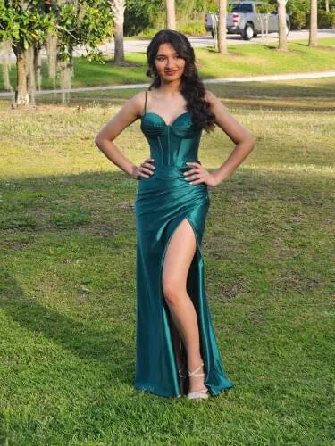 Fitted Beaded Bustier Satin Gown by Nox Anabel E1044