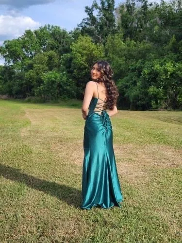 Fitted Beaded Bustier Satin Gown by Nox Anabel E1044