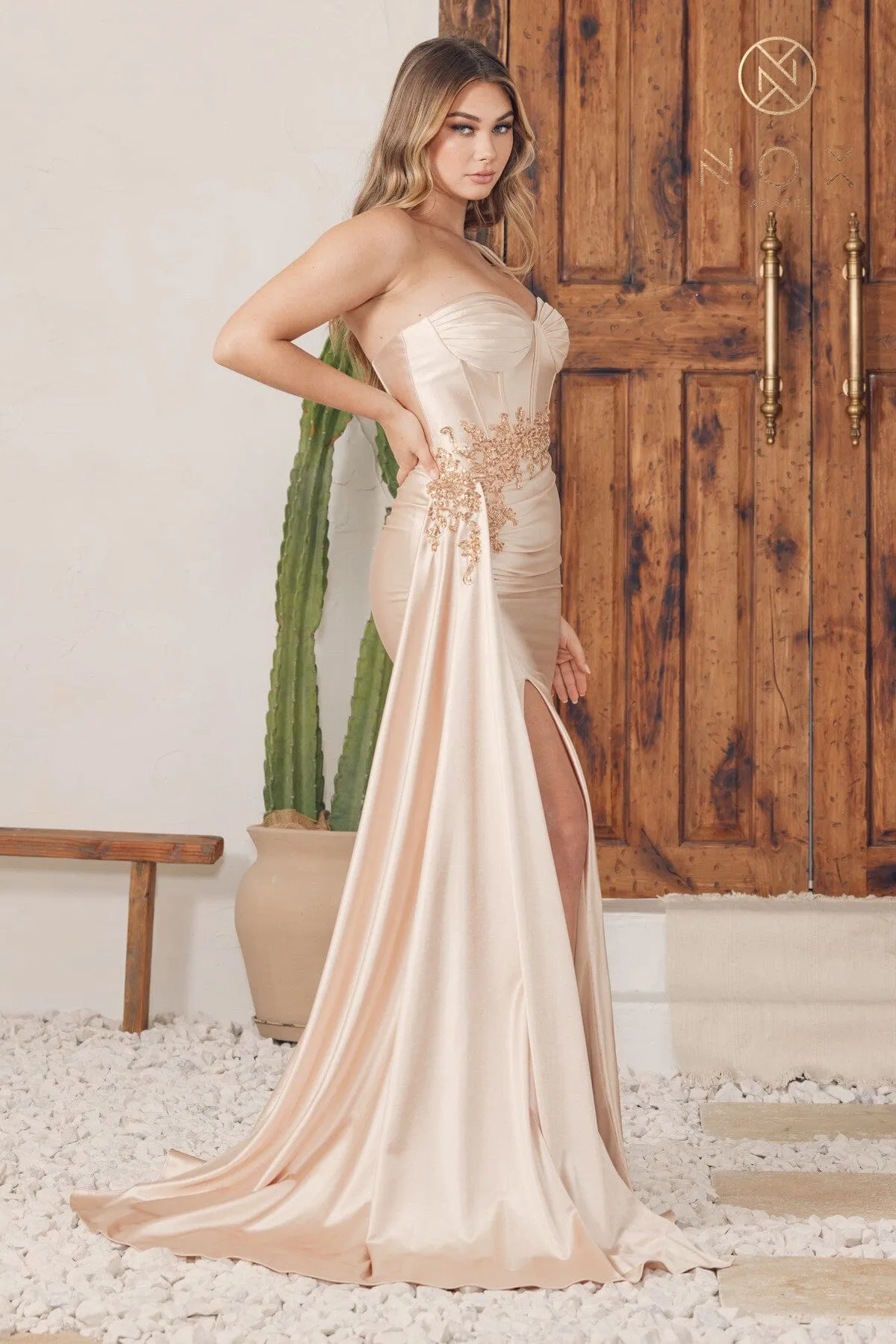 Fitted Satin One Shoulder Slit Gown by Nox Anabel E1239