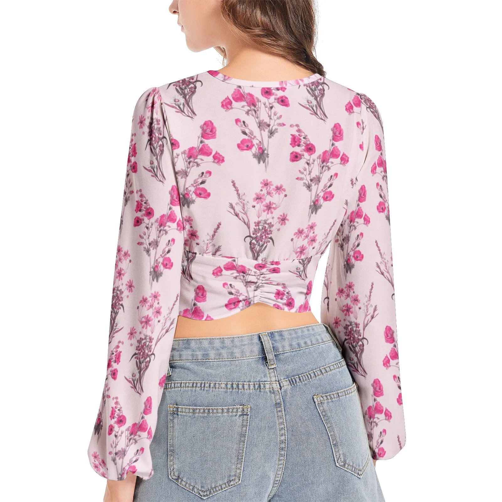 Floral Pink Women's Deep V-Neck Lantern Sleeve Crop Top
