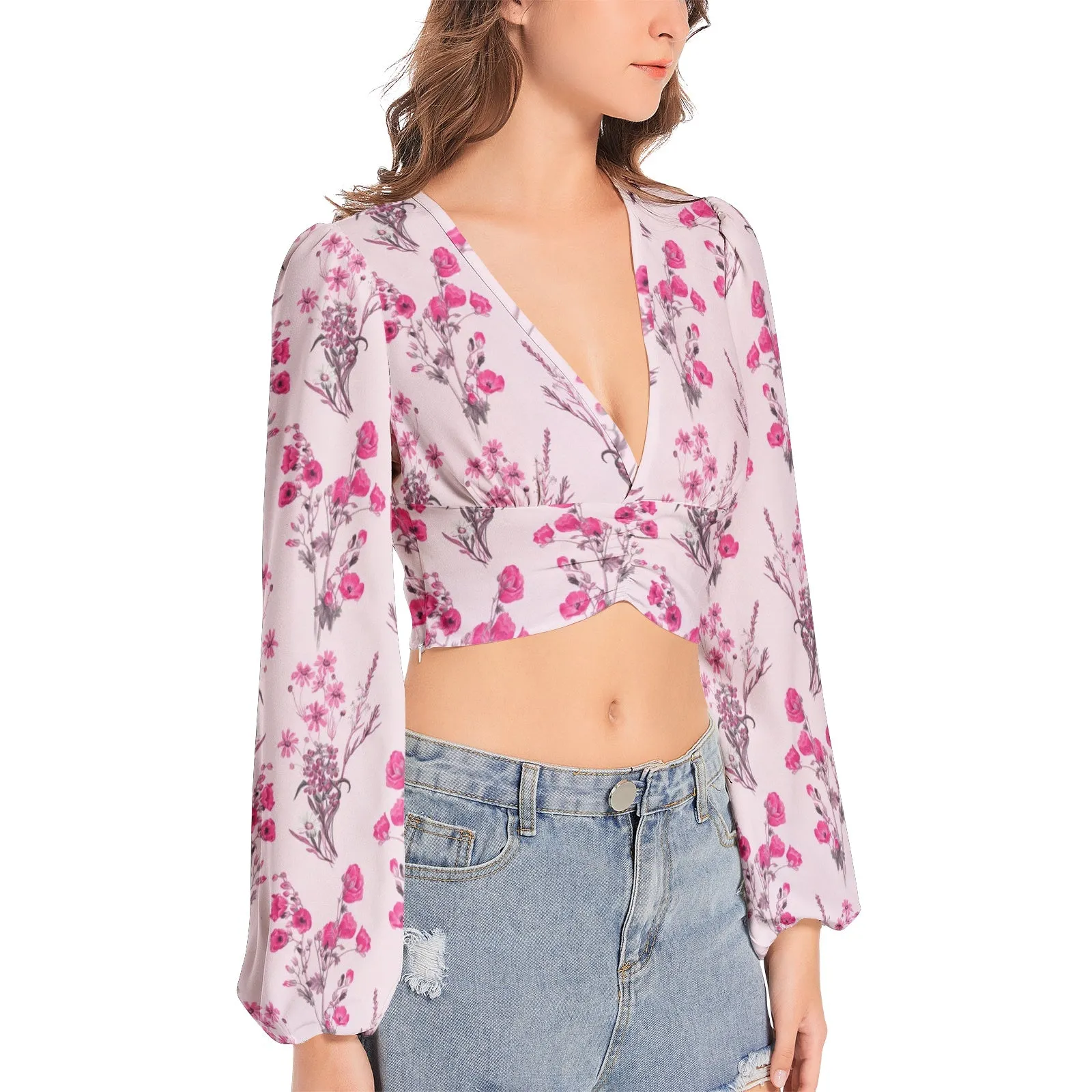 Floral Pink Women's Deep V-Neck Lantern Sleeve Crop Top