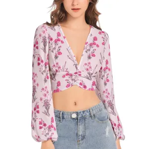 Floral Pink Women's Deep V-Neck Lantern Sleeve Crop Top