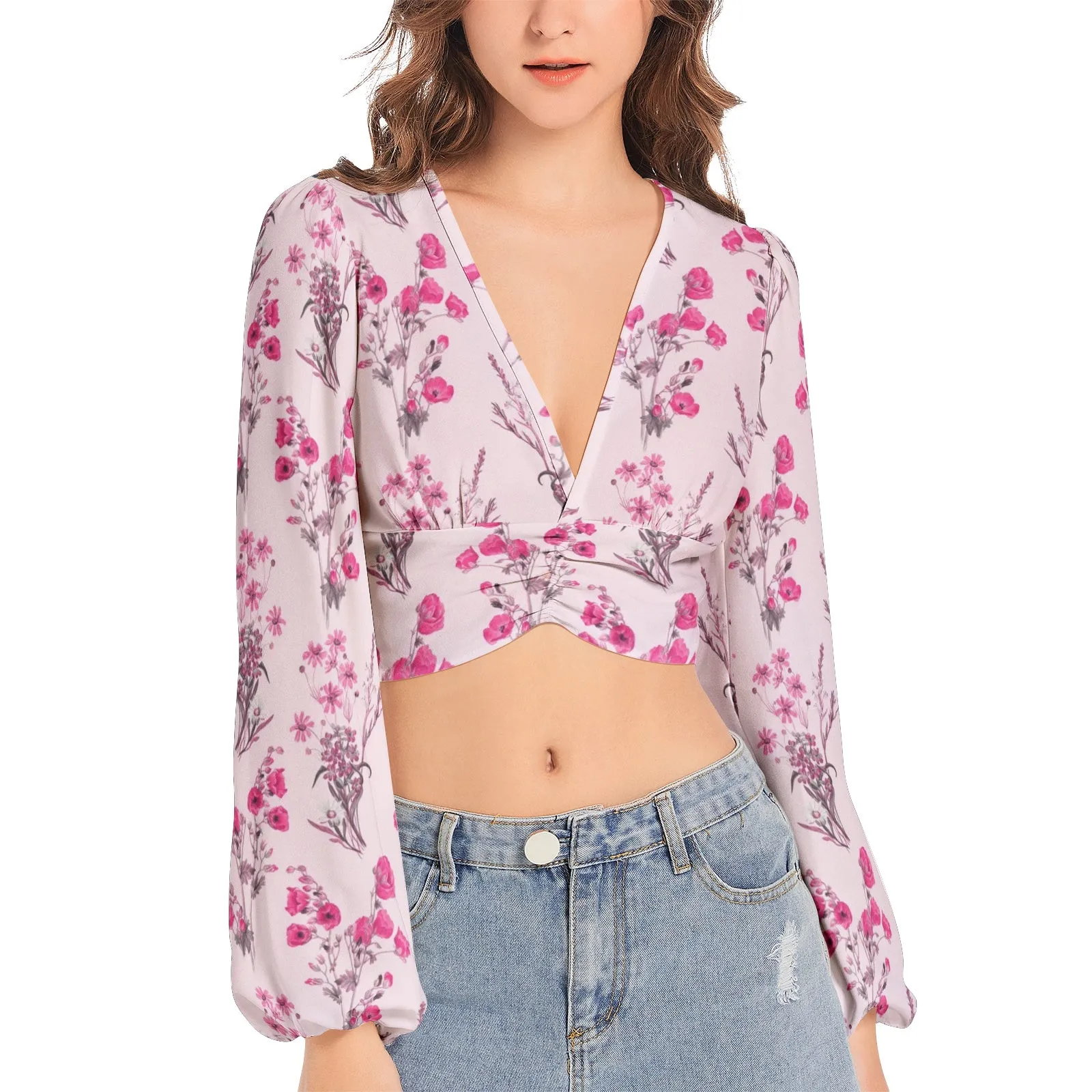 Floral Pink Women's Deep V-Neck Lantern Sleeve Crop Top