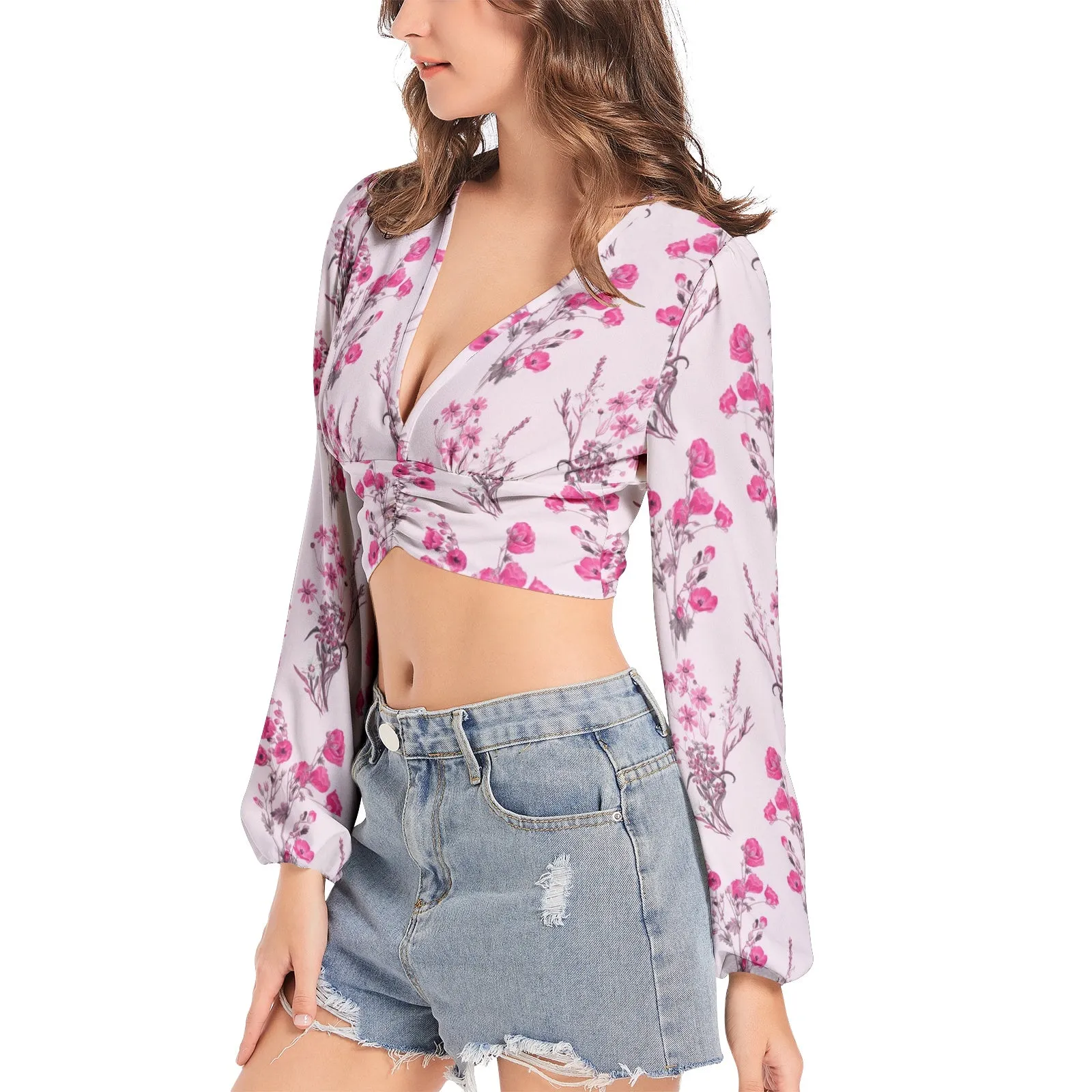 Floral Pink Women's Deep V-Neck Lantern Sleeve Crop Top