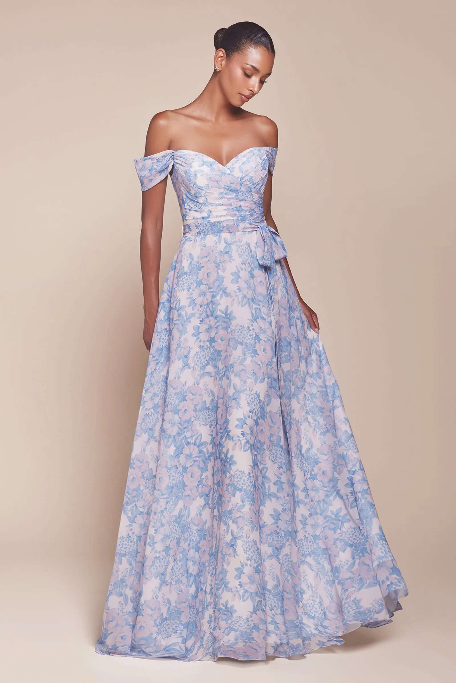 Floral Print Off Shoulder A-line Gown by Ladivine 7441