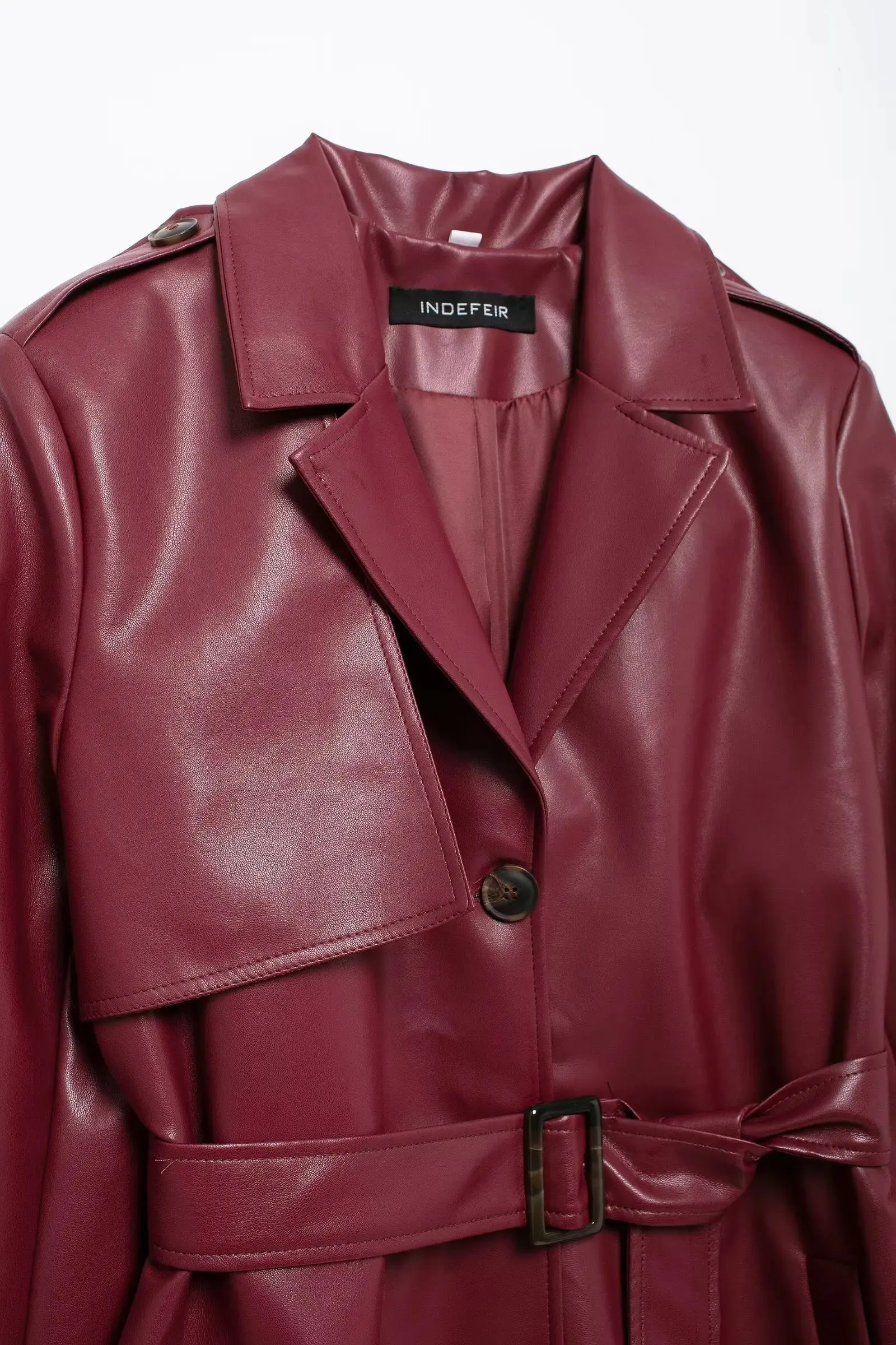 Lapel Pocket Belt Faux Leather Long Coat