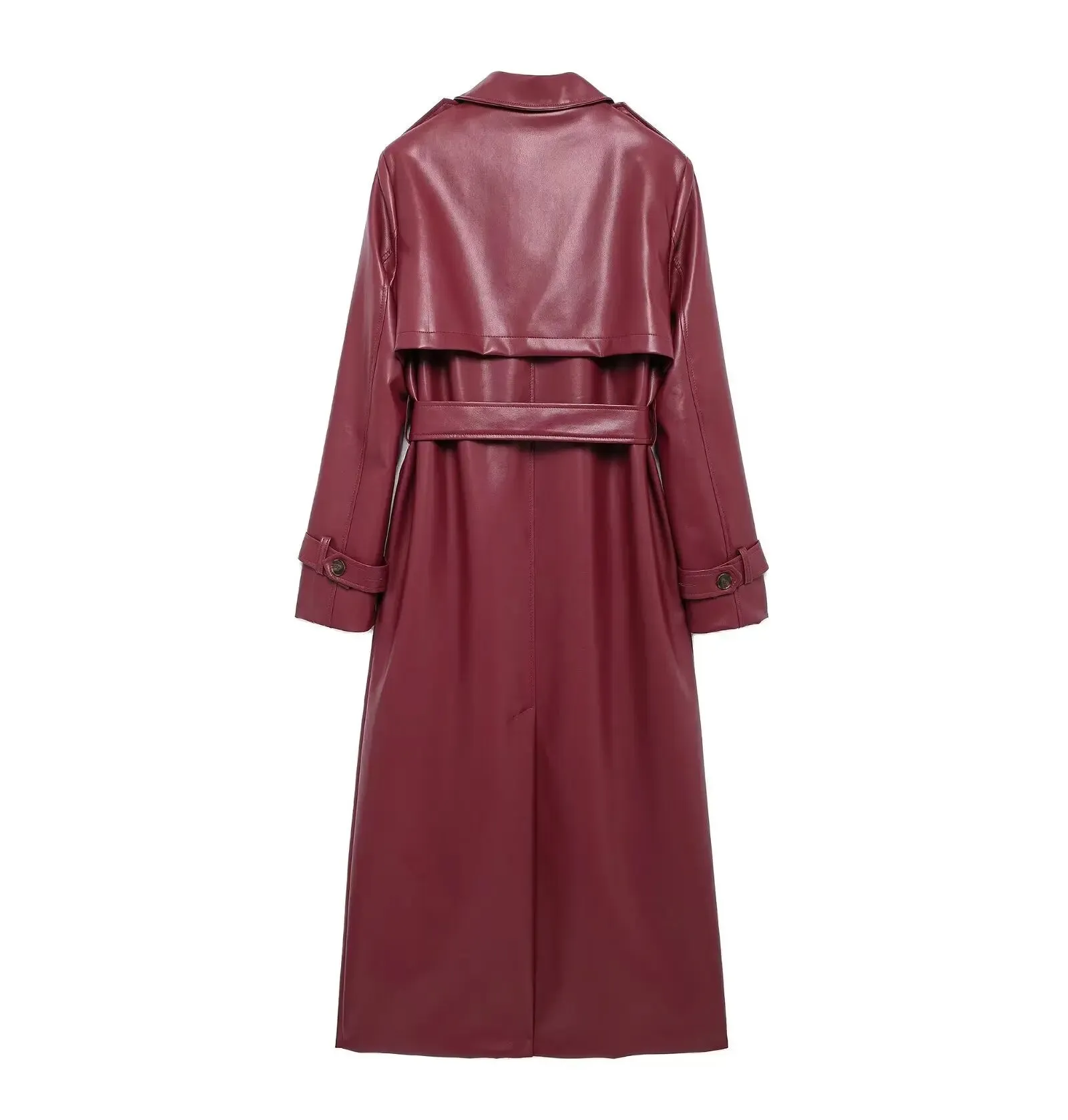 Lapel Pocket Belt Faux Leather Long Coat