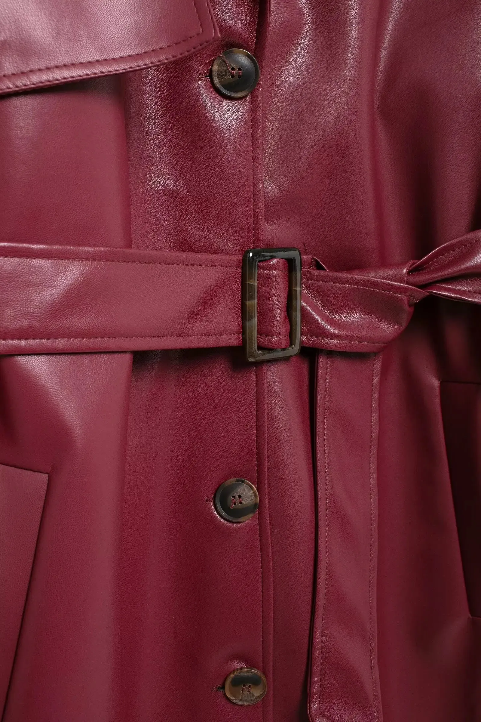 Lapel Pocket Belt Faux Leather Long Coat