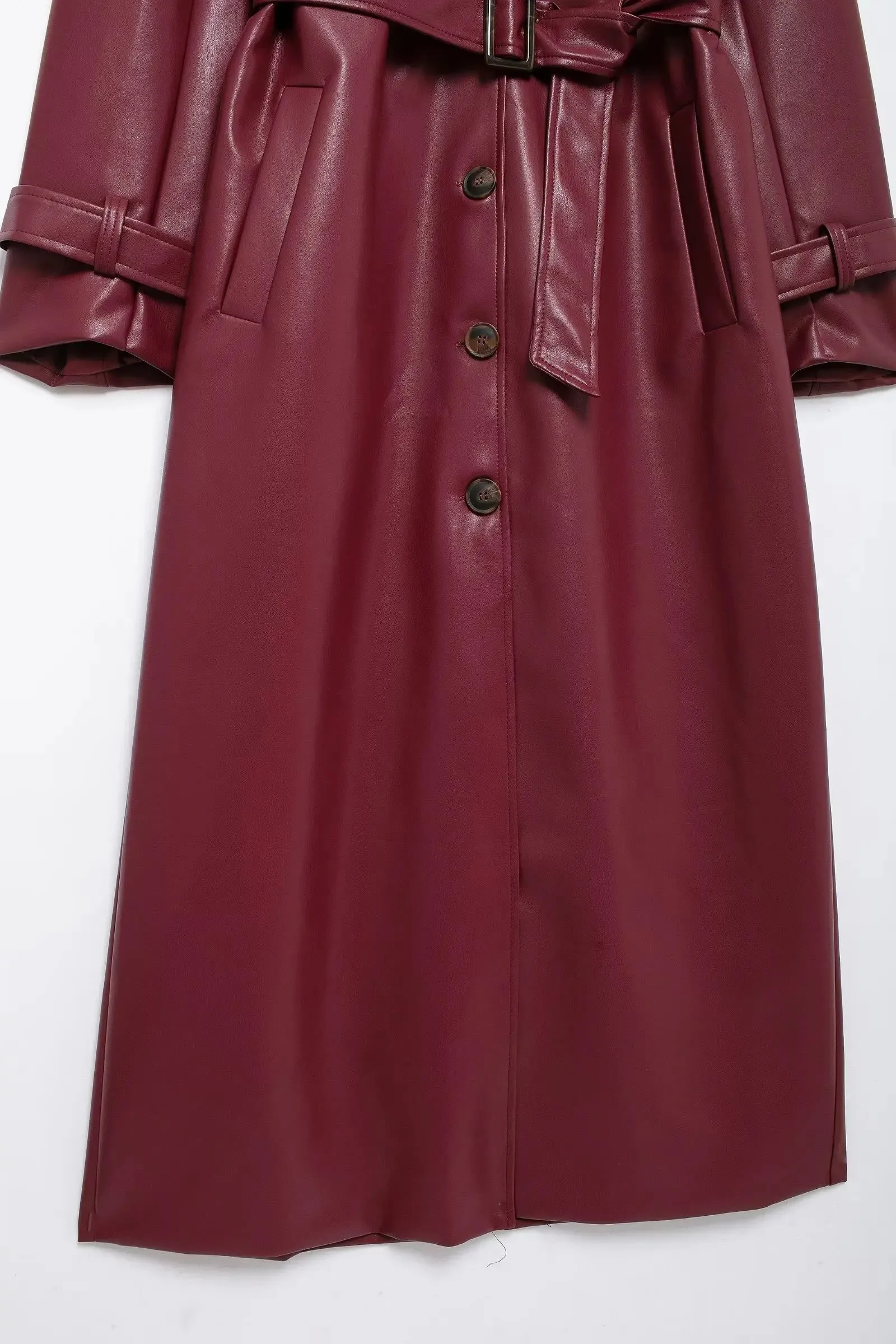 Lapel Pocket Belt Faux Leather Long Coat