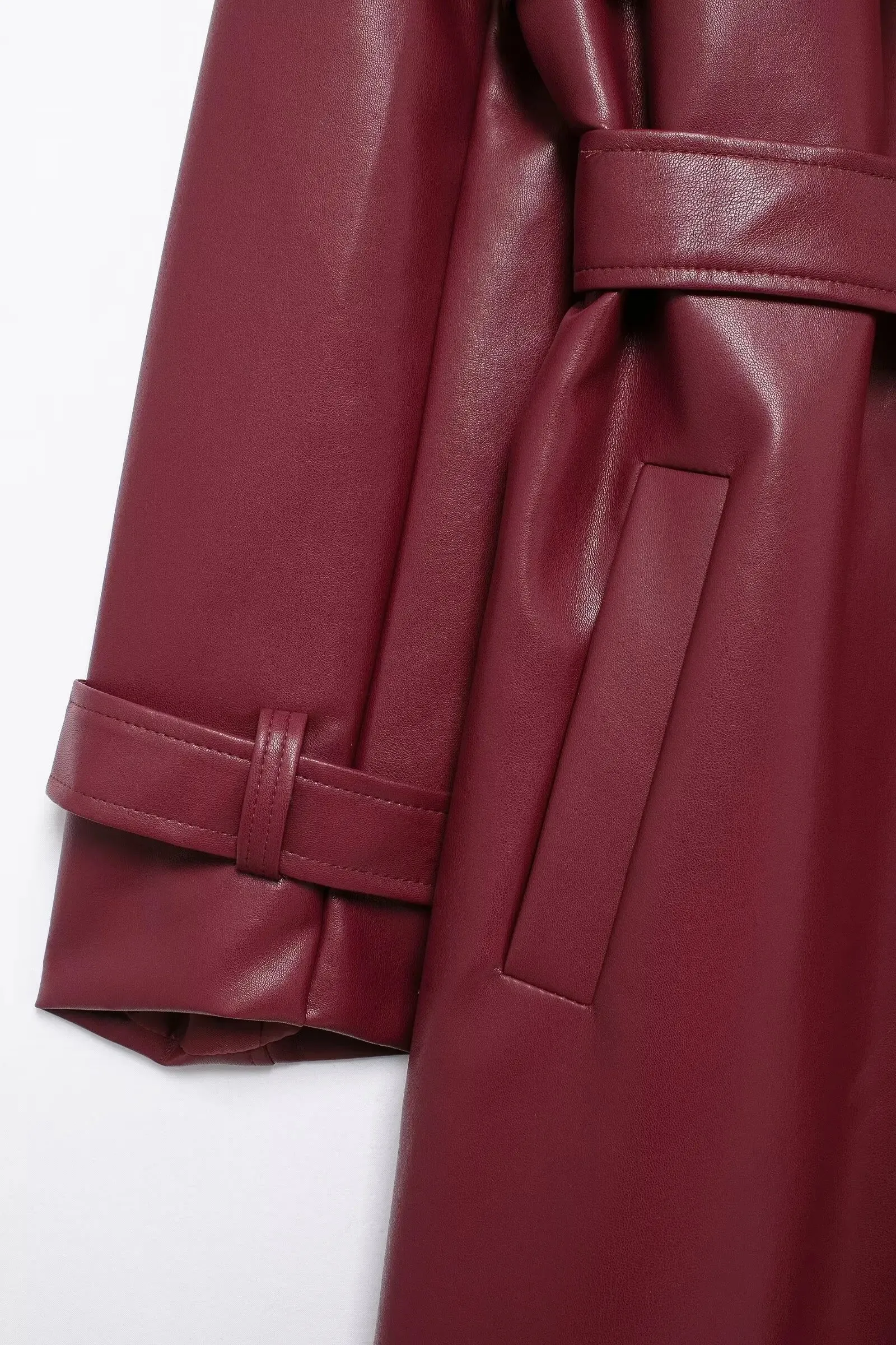 Lapel Pocket Belt Faux Leather Long Coat