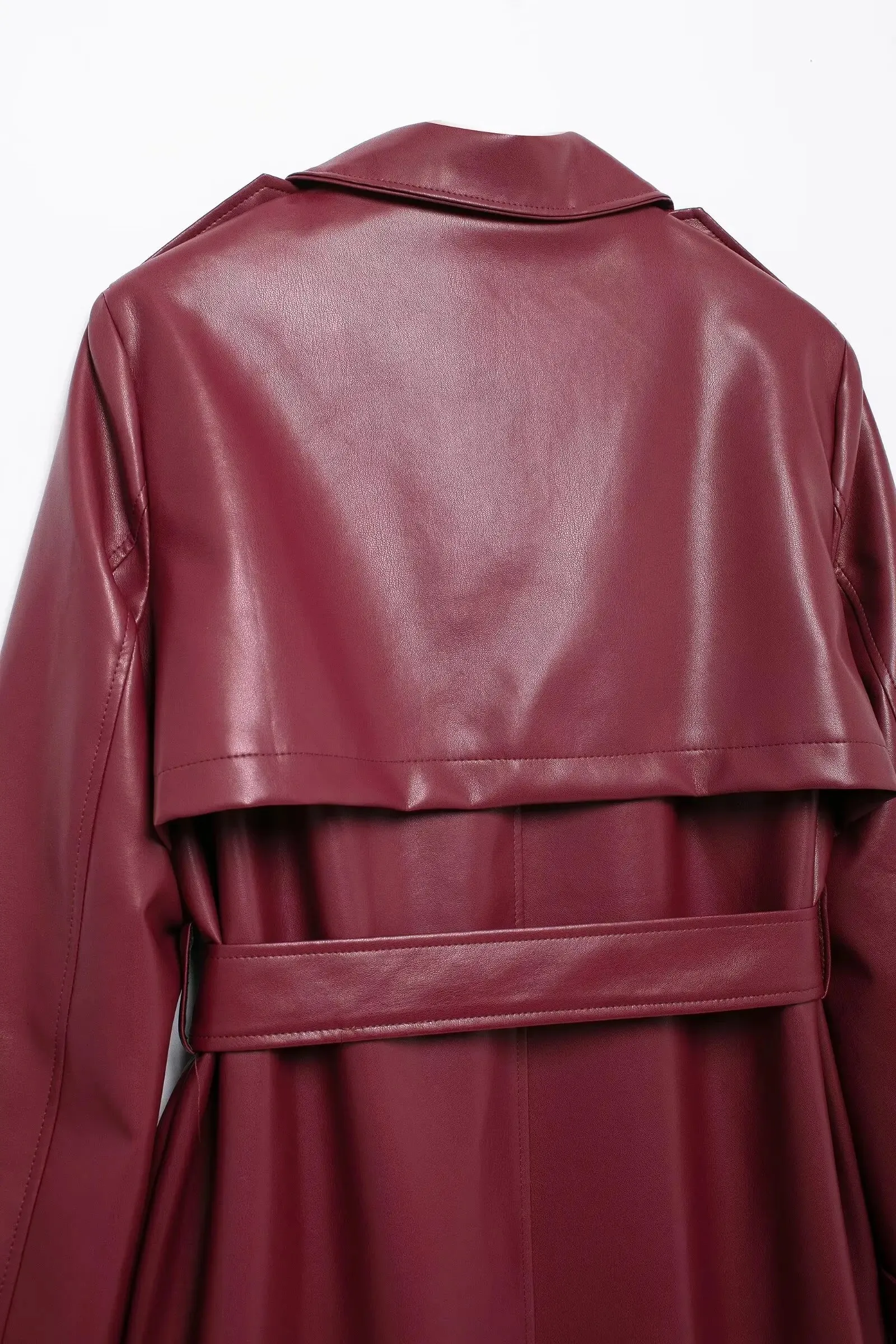 Lapel Pocket Belt Faux Leather Long Coat