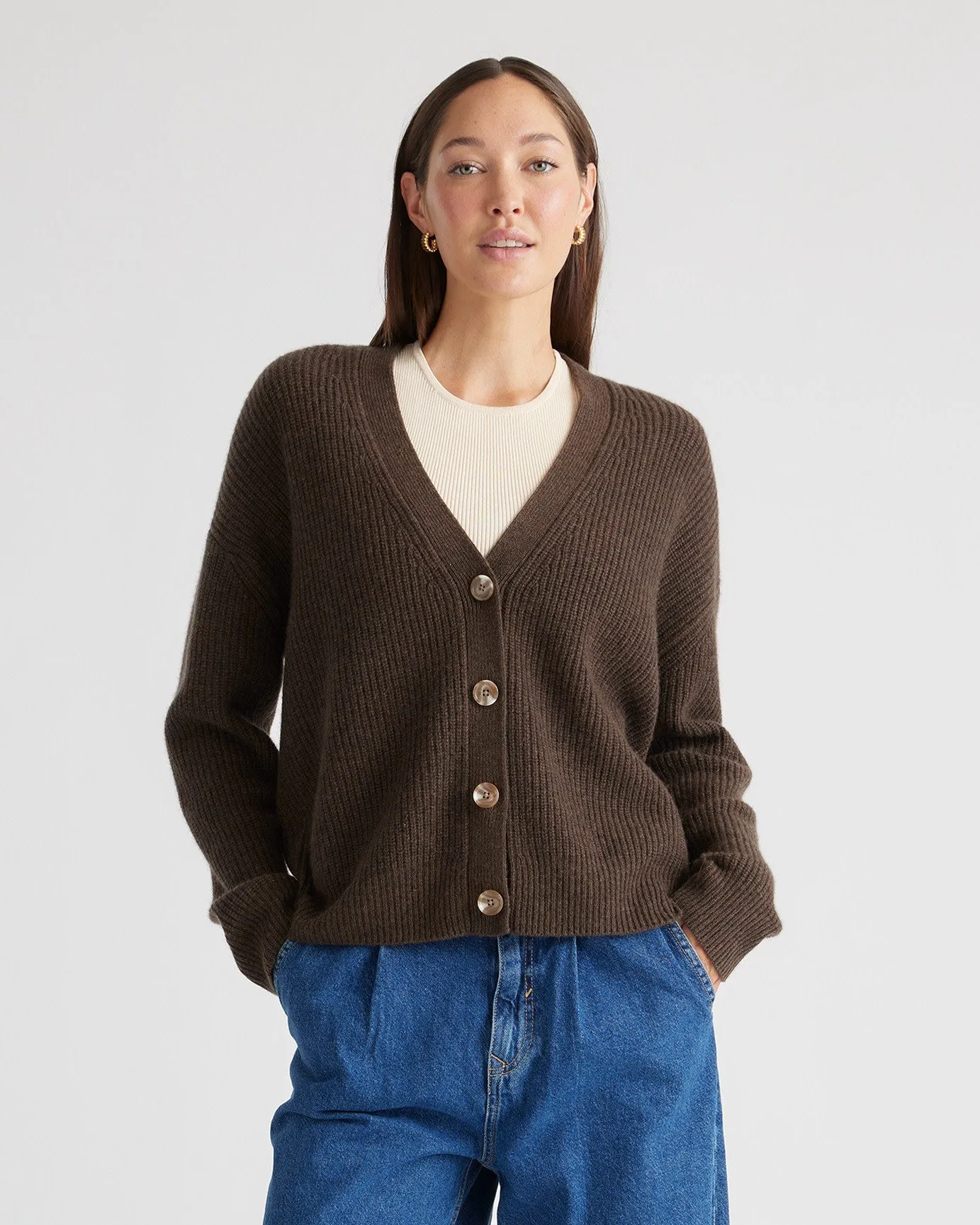 Lightweight Mongolian Cashmere Fisherman Boxy Cropped Cardigan Sweater