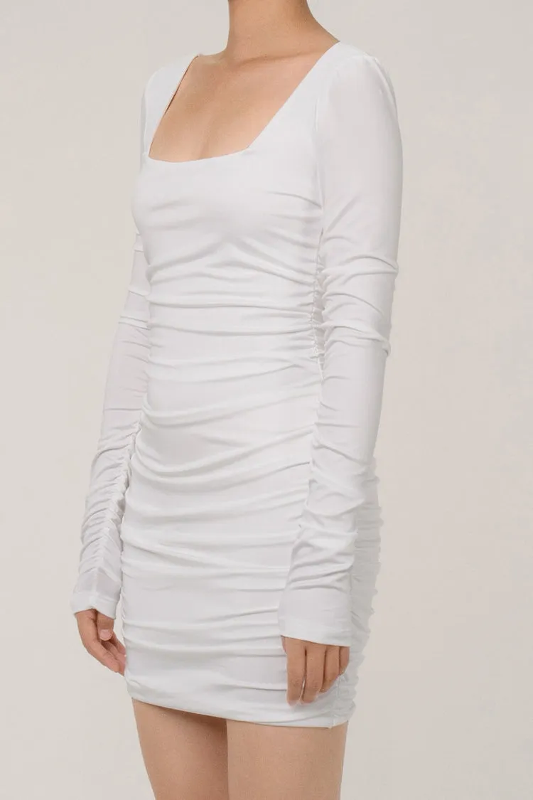 Long Sleeve Square Neck Ruched Bodycon Mini Cocktail Dress - White