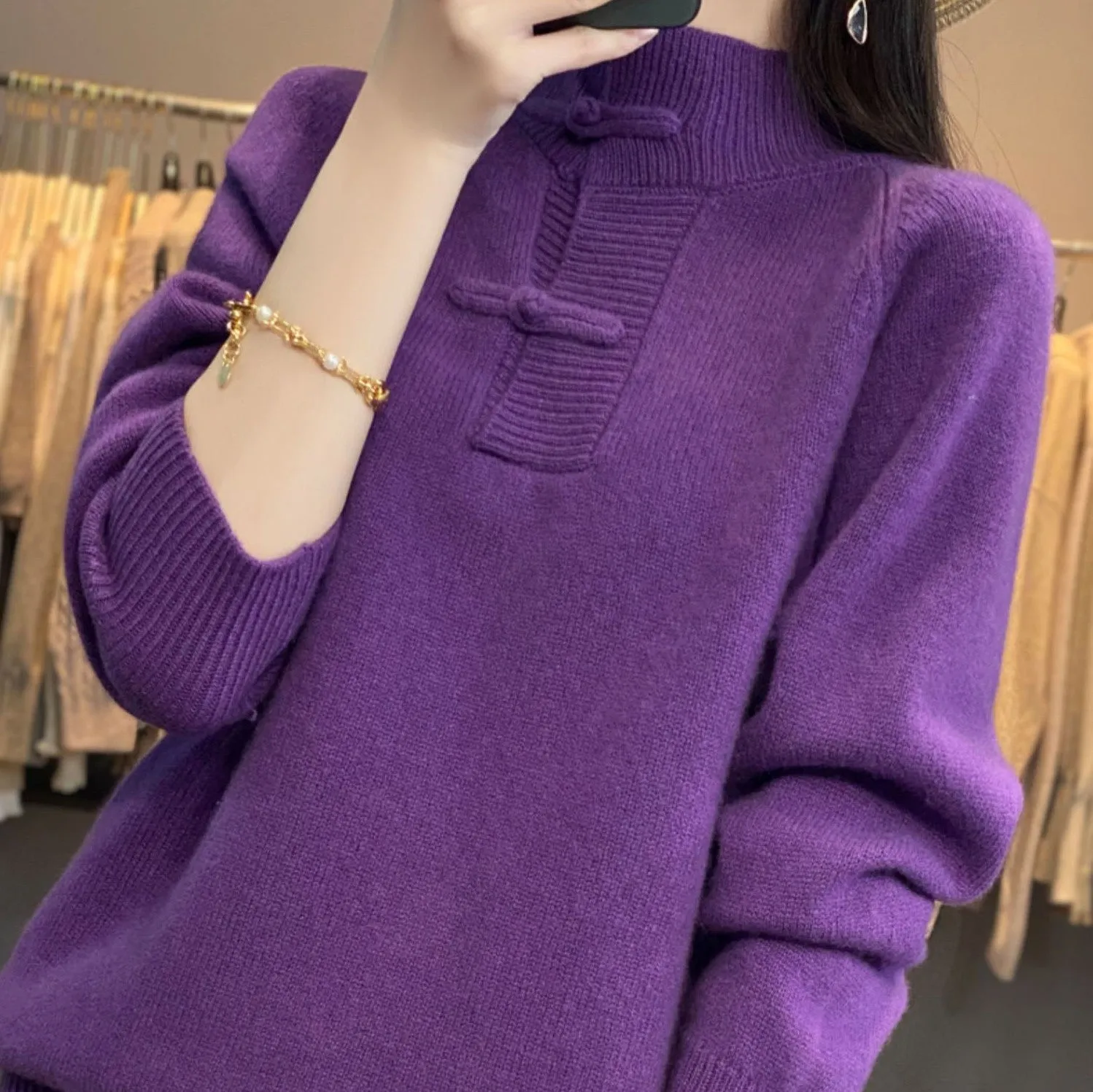 Loose Thick Knit with Vintage Chinese-style Button-up Casual Long-sleeved Cashmere Pullover Sweater