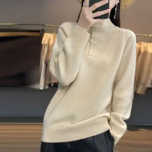 Loose Thick Knit with Vintage Chinese-style Button-up Casual Long-sleeved Cashmere Pullover Sweater