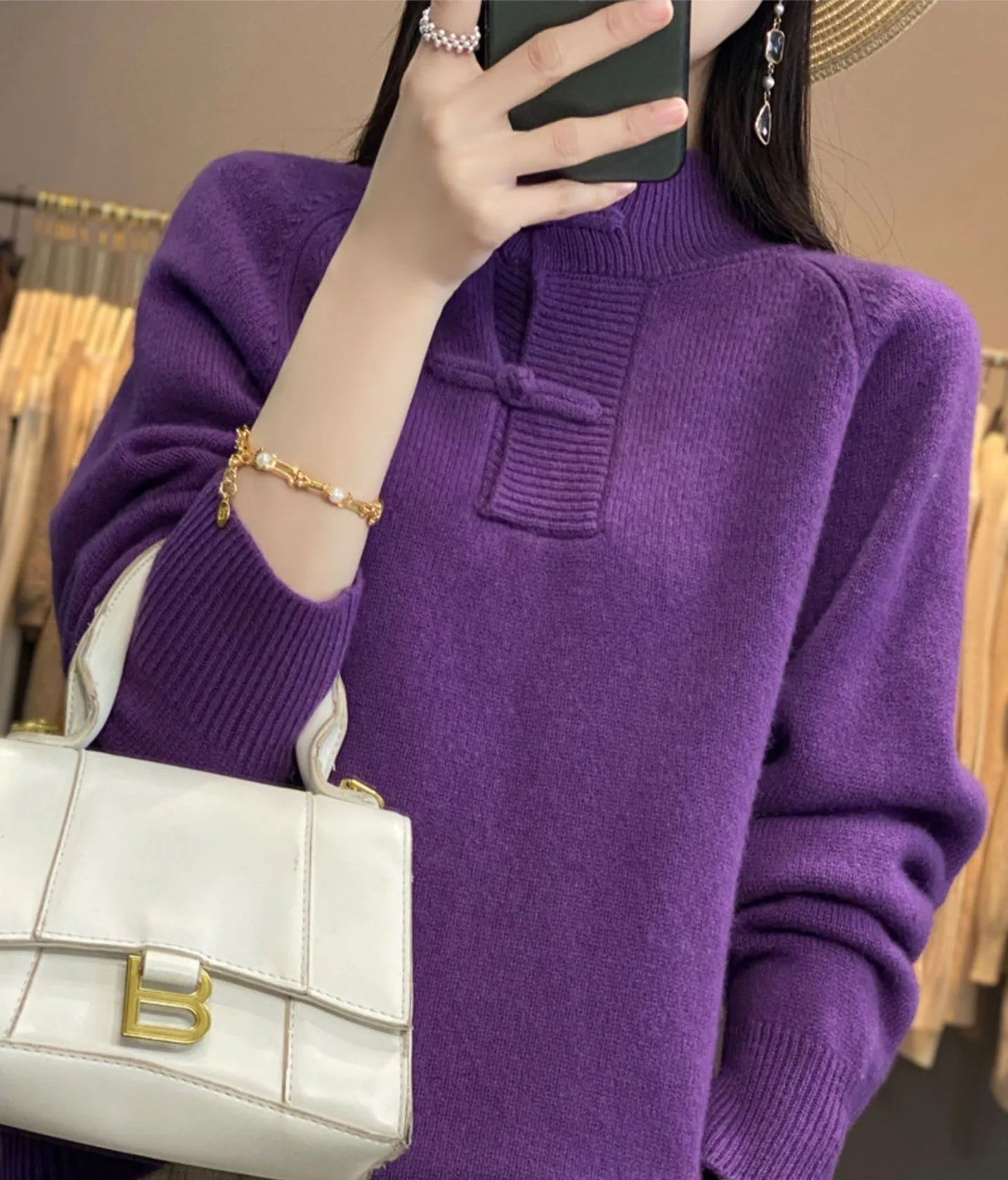 Loose Thick Knit with Vintage Chinese-style Button-up Casual Long-sleeved Cashmere Pullover Sweater