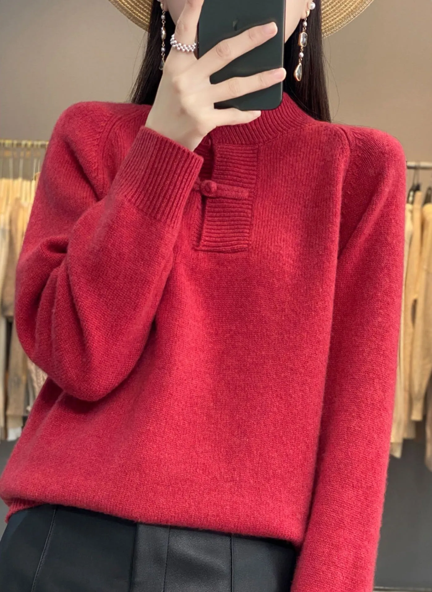 Loose Thick Knit with Vintage Chinese-style Button-up Casual Long-sleeved Cashmere Pullover Sweater