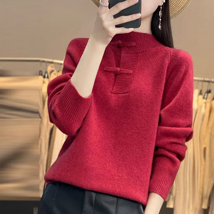 Loose Thick Knit with Vintage Chinese-style Button-up Casual Long-sleeved Cashmere Pullover Sweater