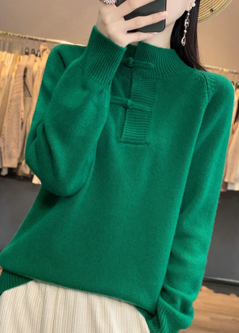Loose Thick Knit with Vintage Chinese-style Button-up Casual Long-sleeved Cashmere Pullover Sweater