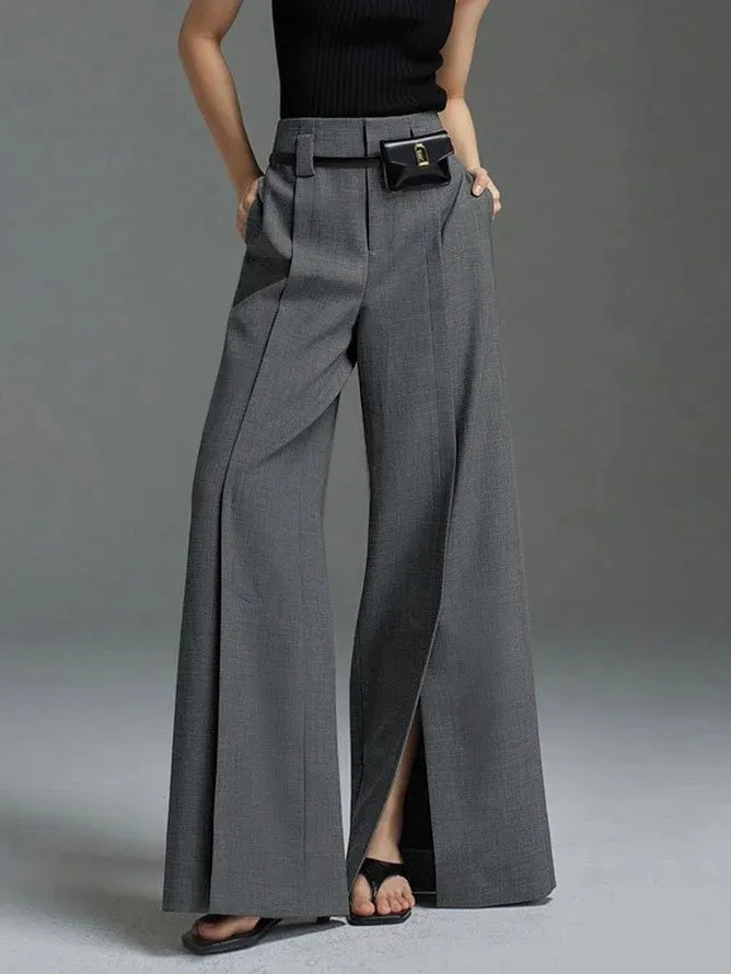 Loose Wide Leg High-Waisted Pleated Split-Front Pants Trousers 124092