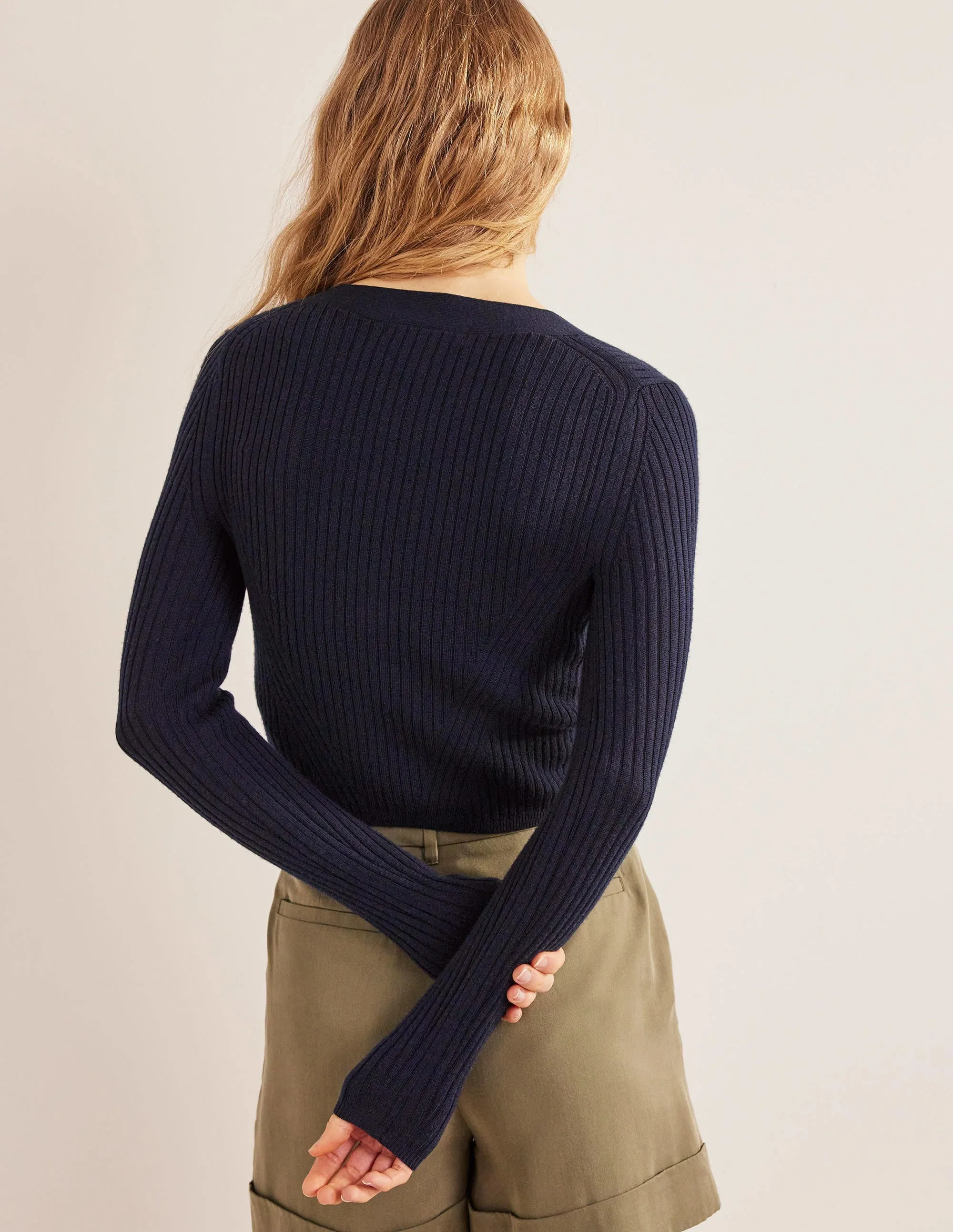 Merino Cropped RIb Cardigan-Navy