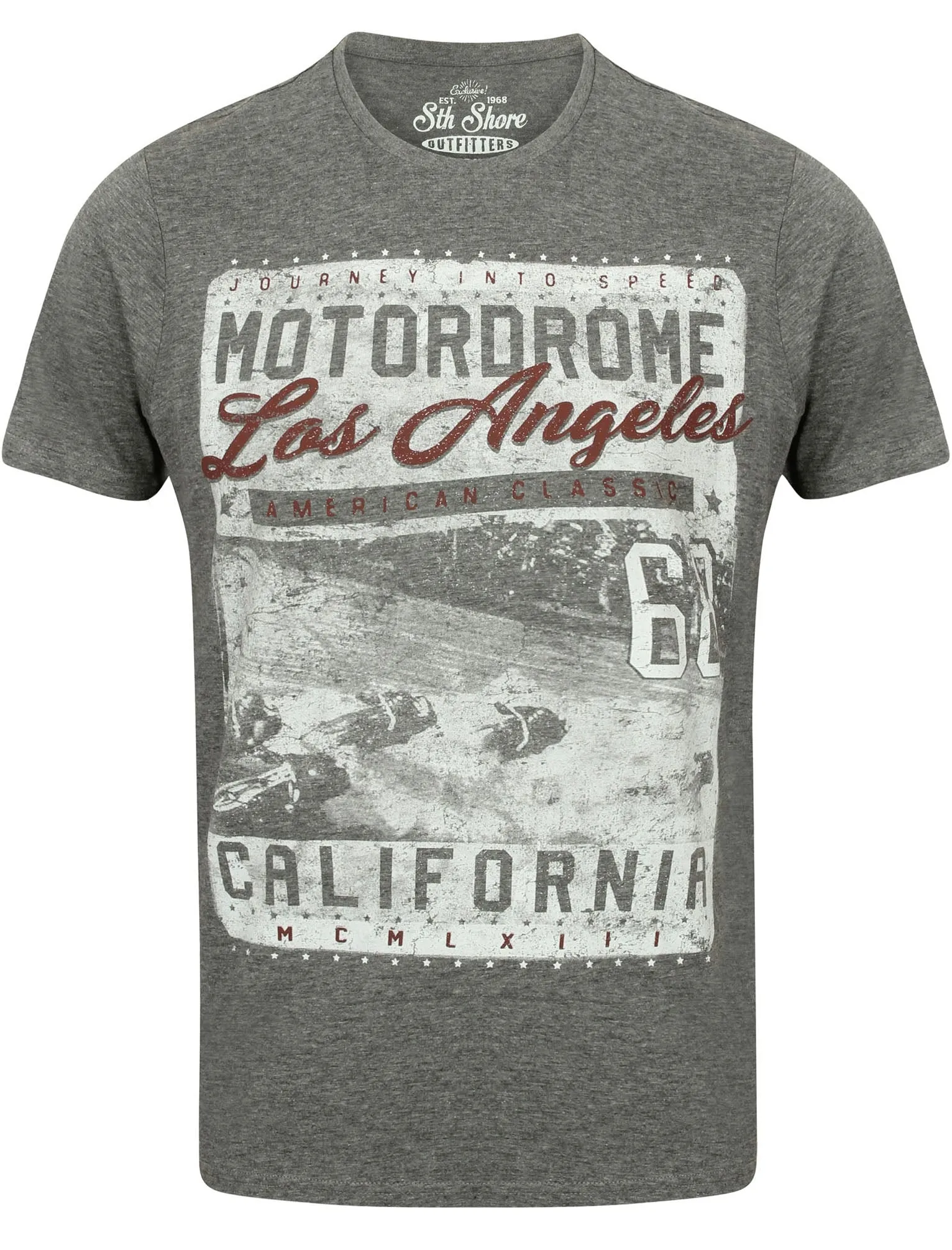 Motordrome Crew Neck T-Shirt with Motif in Mid Grey Marl - South Shore