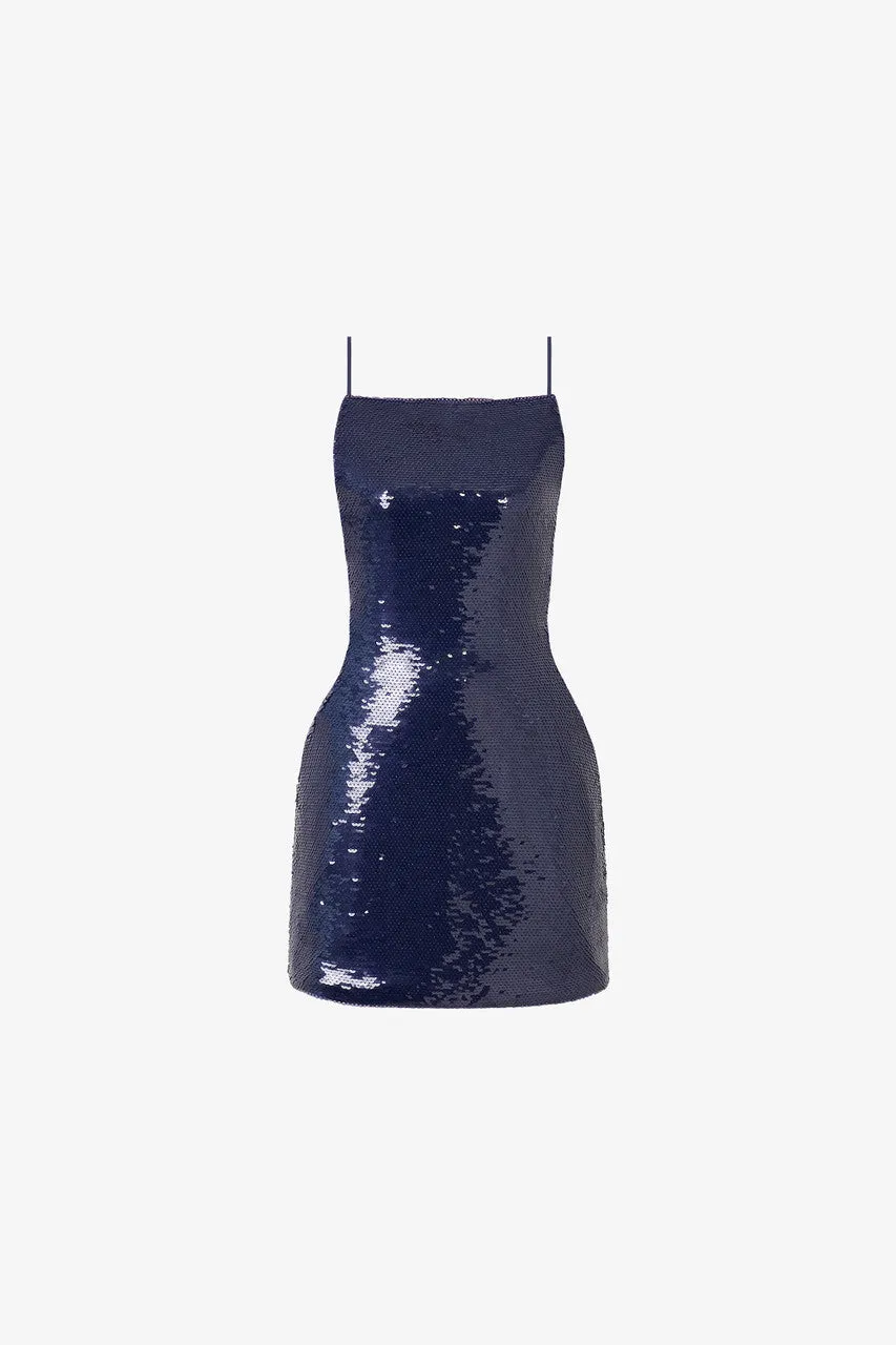 Navy Blue Sequin Lace-Up Mini Dress