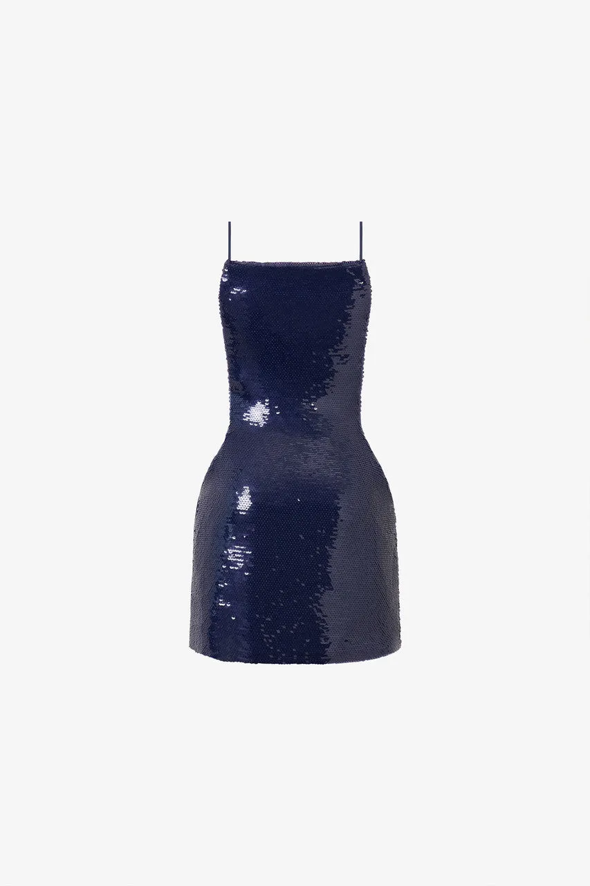 Navy Blue Sequin Lace-Up Mini Dress