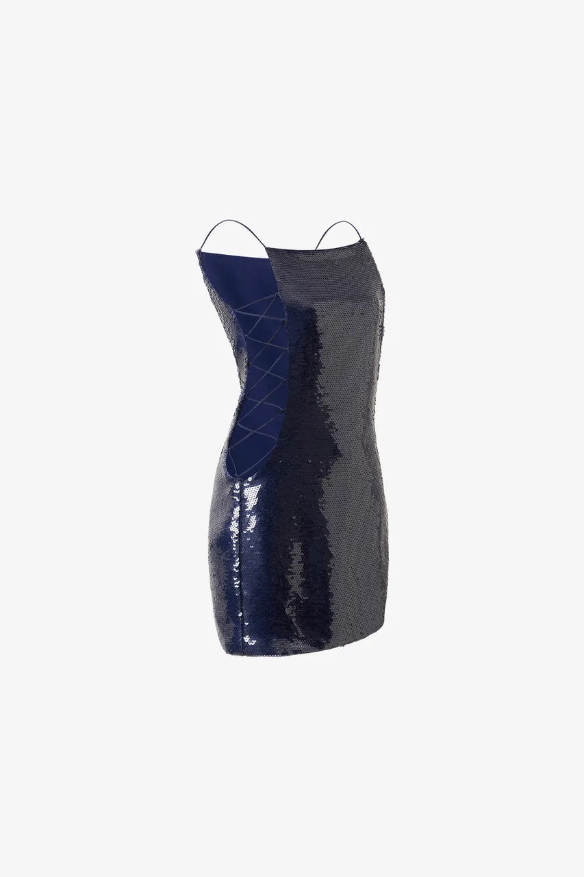 Navy Blue Sequin Lace-Up Mini Dress