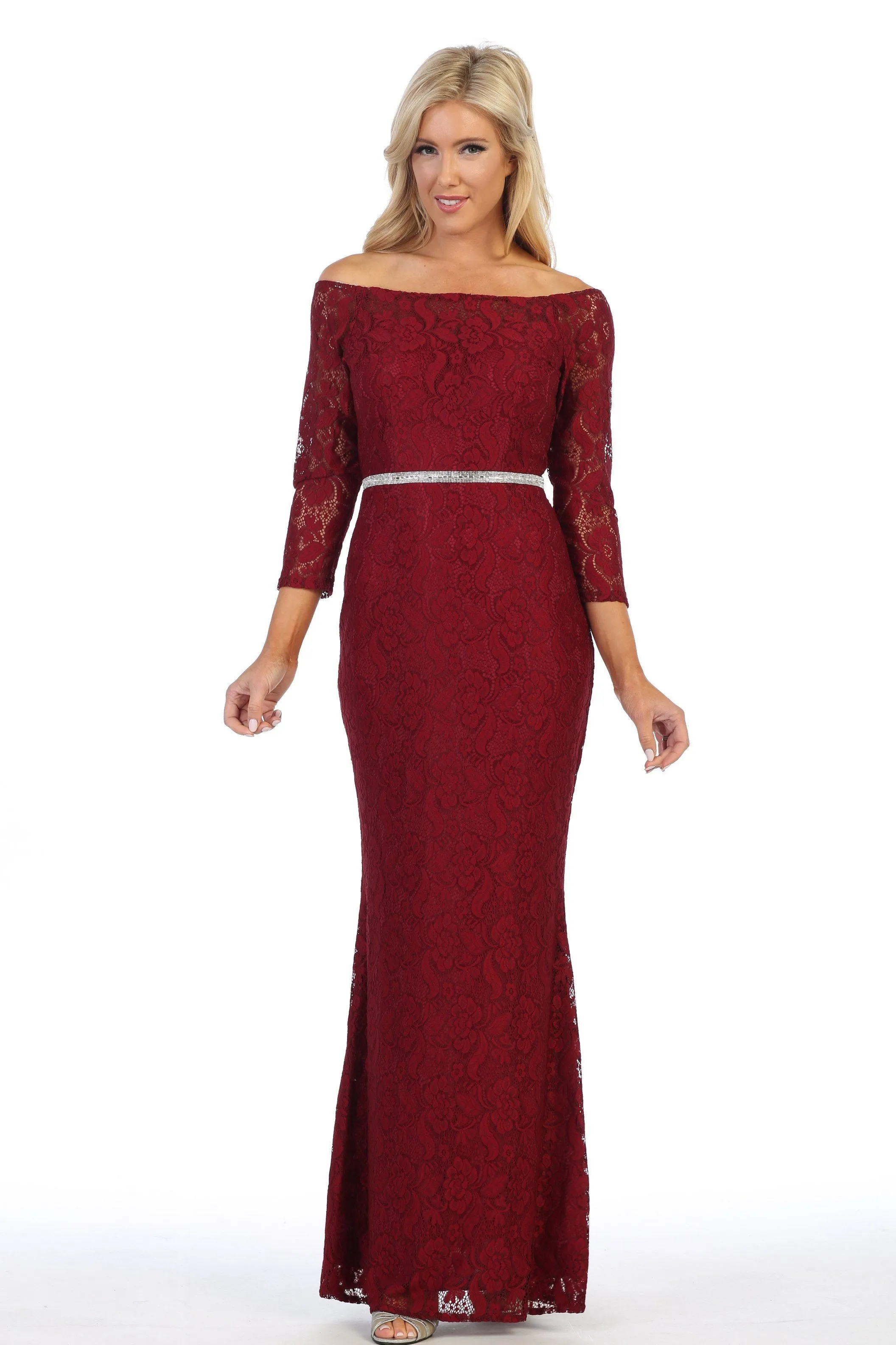 Off Shoulder Long Lace Dress with Sleeves by Celavie 6343L