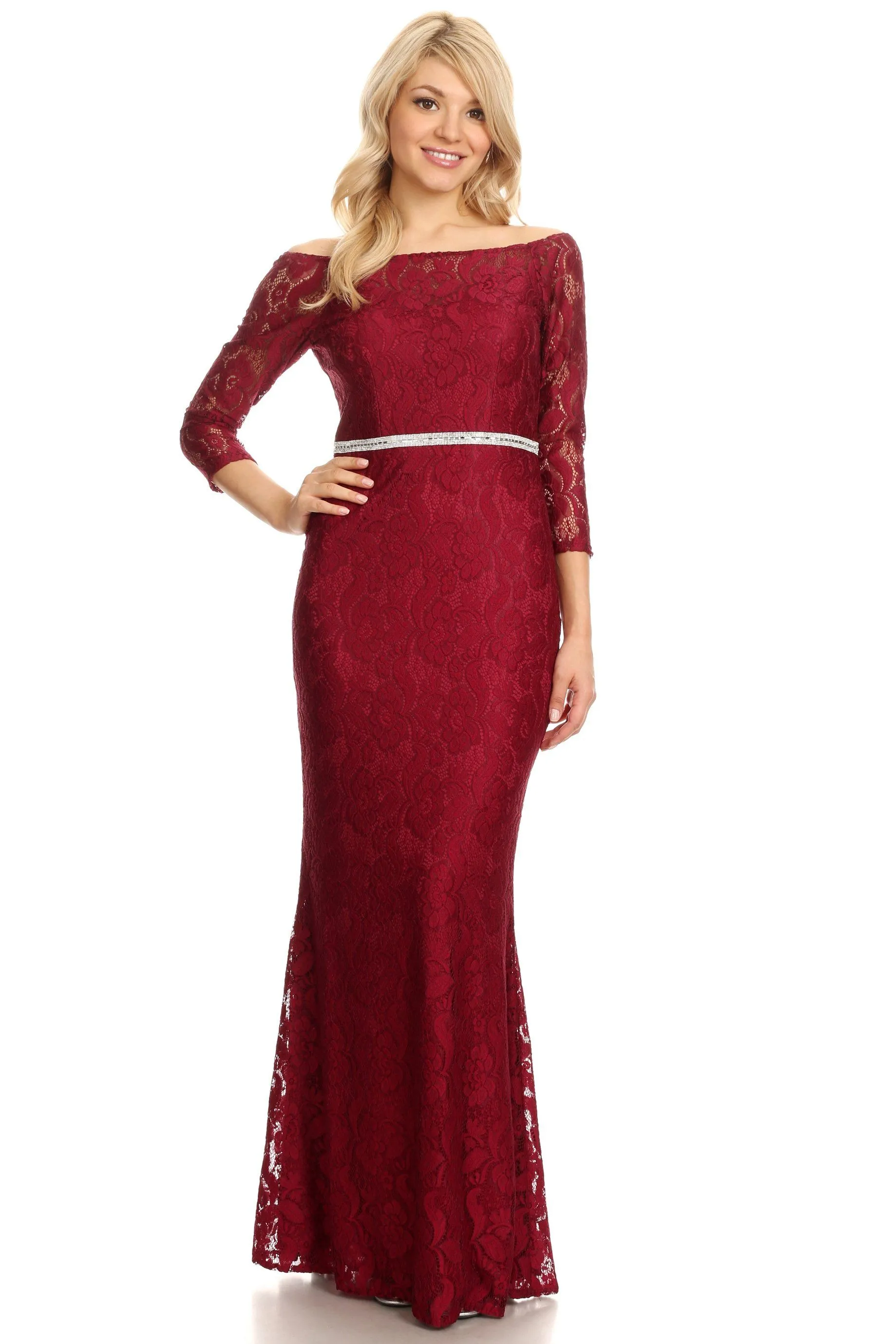 Off Shoulder Long Lace Dress with Sleeves by Celavie 6343L
