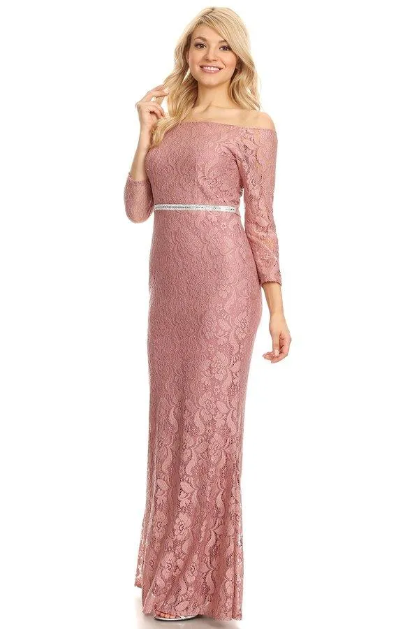 Off Shoulder Long Lace Dress with Sleeves by Celavie 6343L