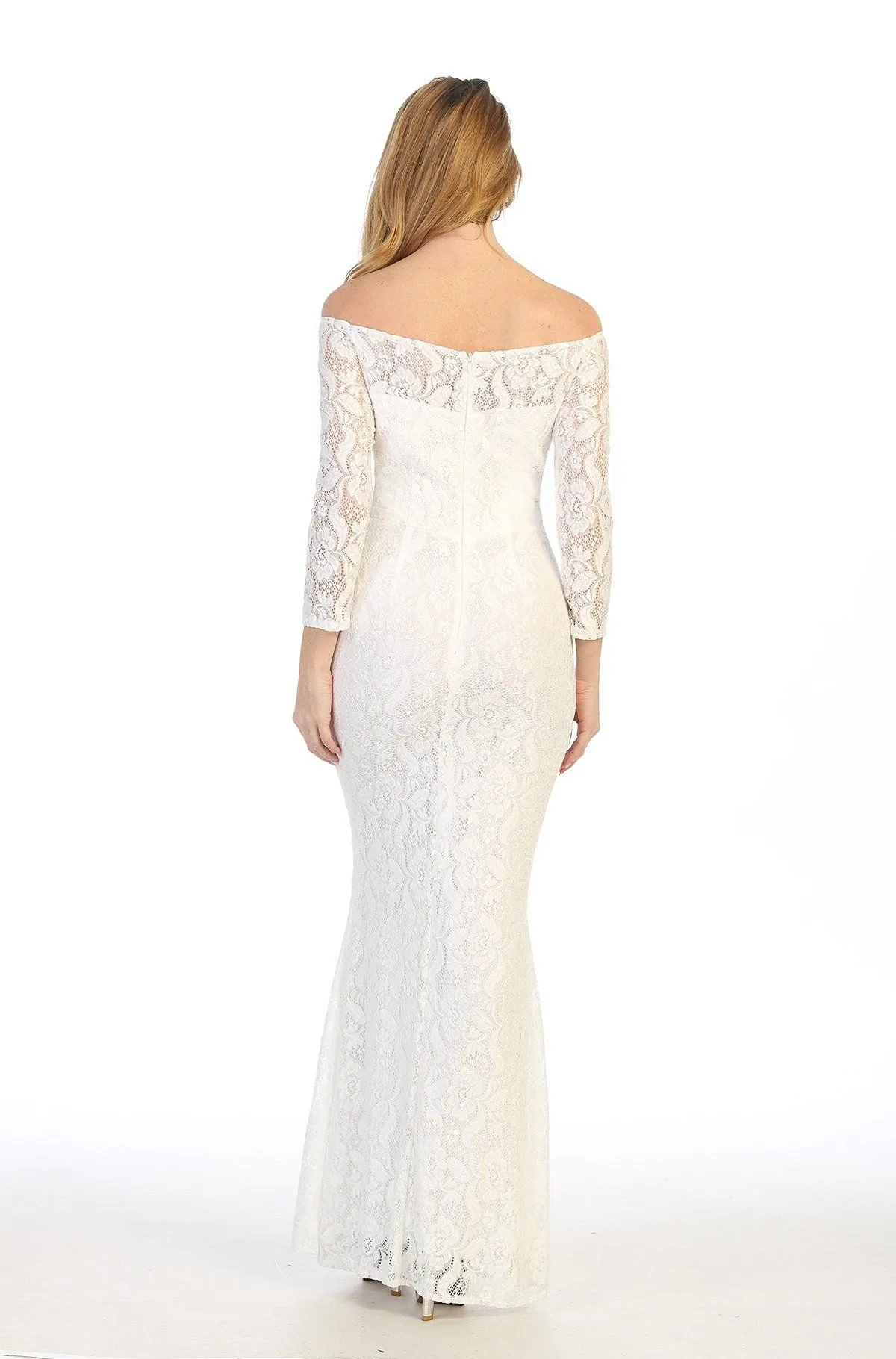 Off Shoulder Long Lace Dress with Sleeves by Celavie 6343L