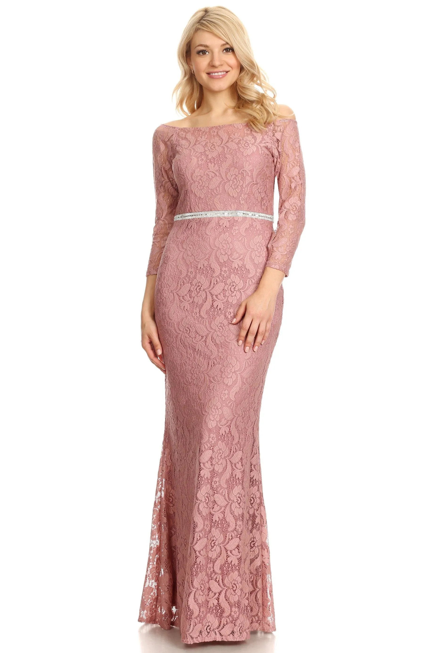Off Shoulder Long Lace Dress with Sleeves by Celavie 6343L