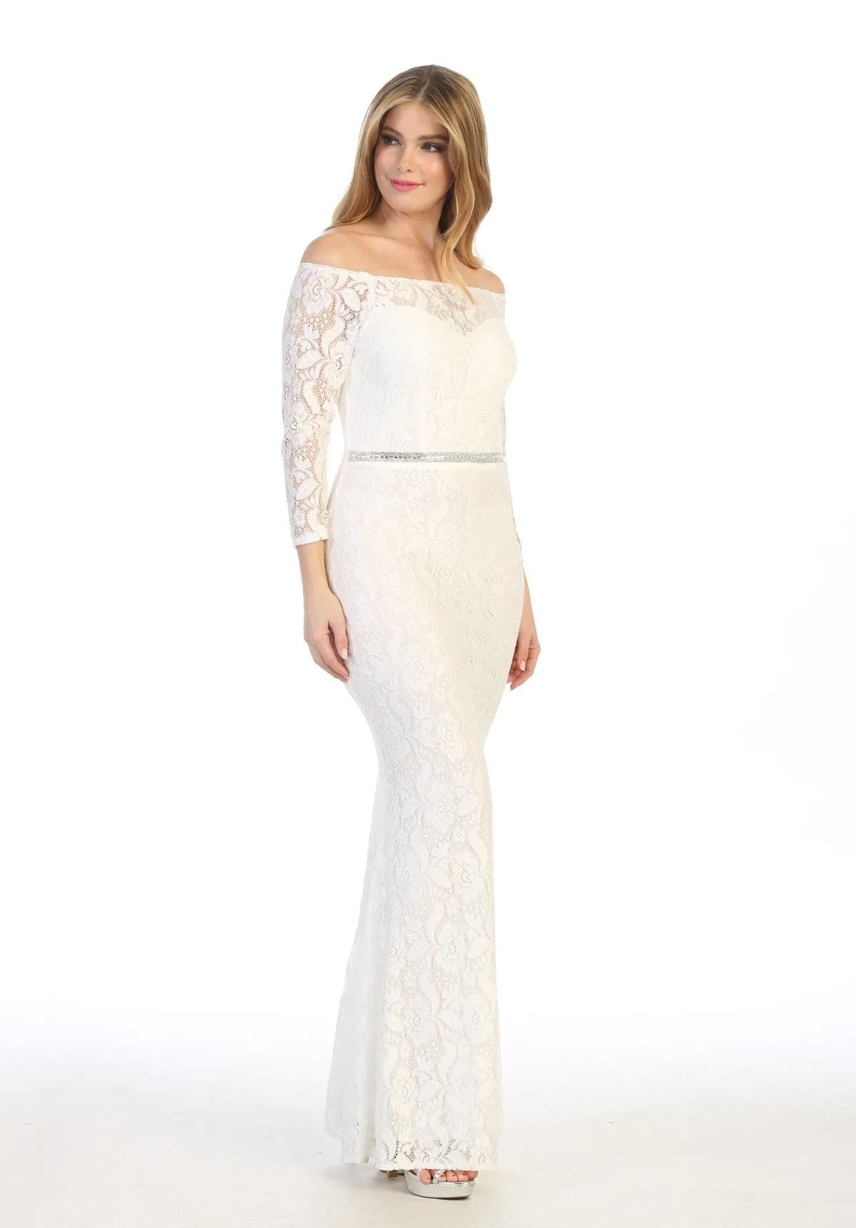 Off Shoulder Long Lace Dress with Sleeves by Celavie 6343L