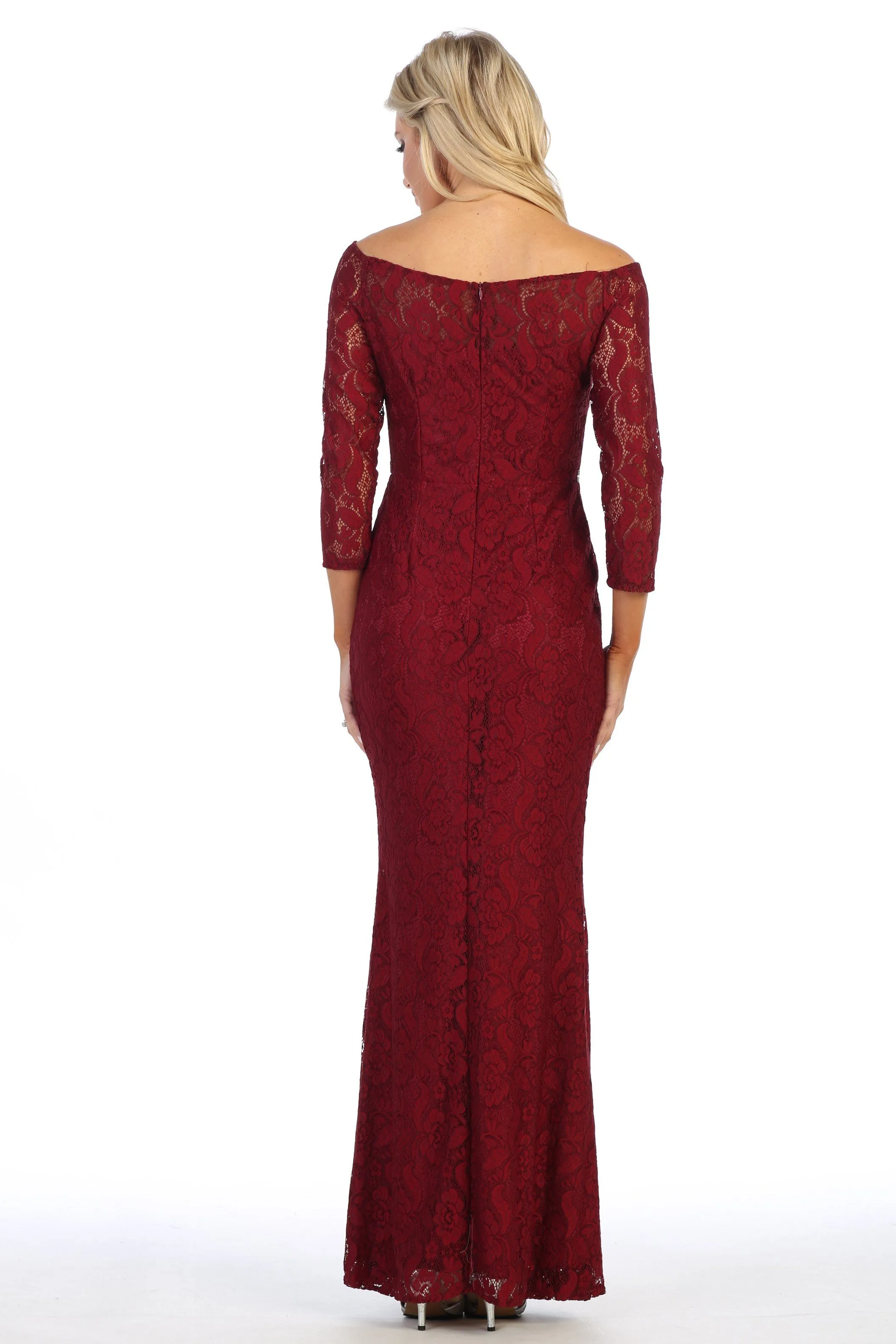 Off Shoulder Long Lace Dress with Sleeves by Celavie 6343L