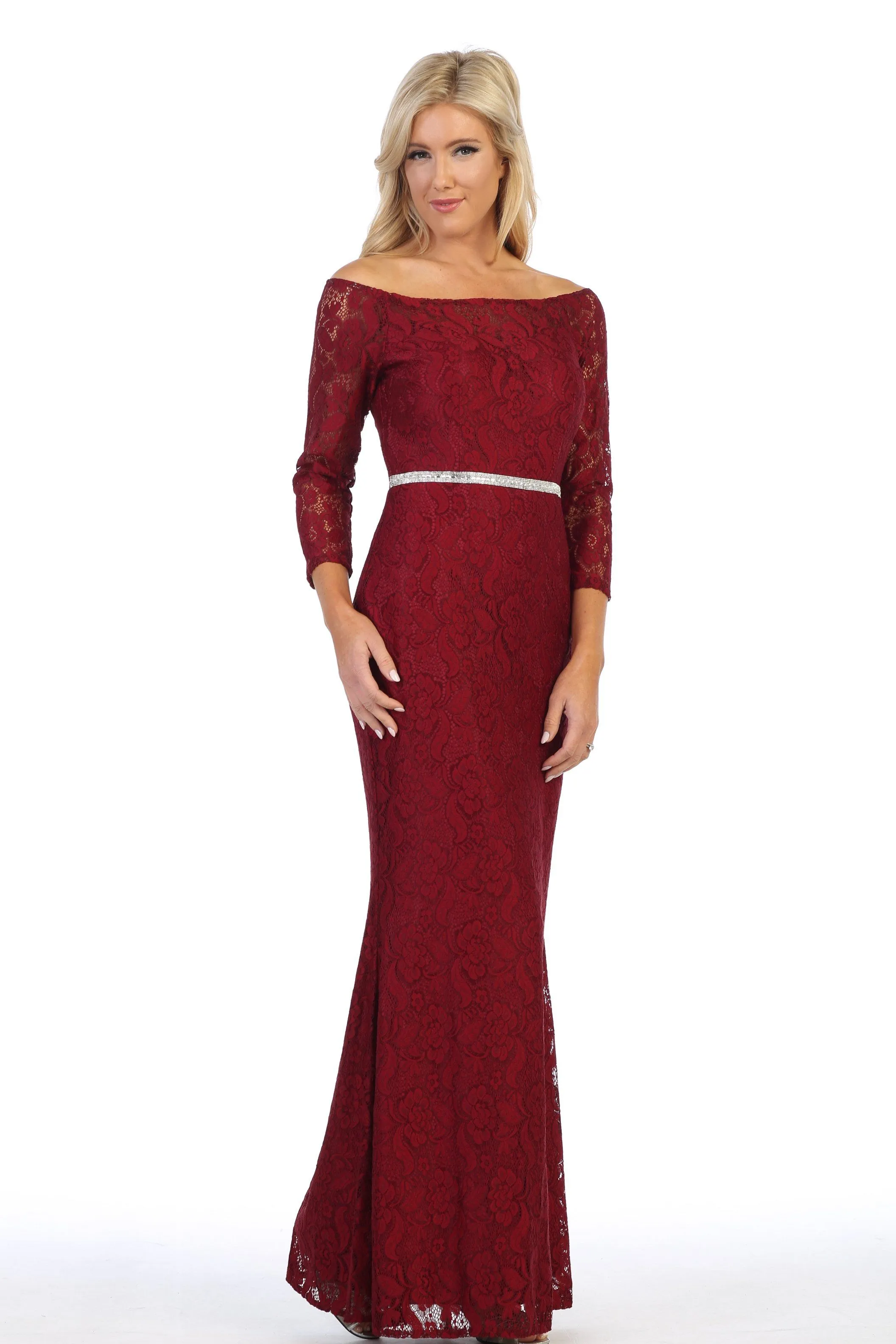 Off Shoulder Long Lace Dress with Sleeves by Celavie 6343L