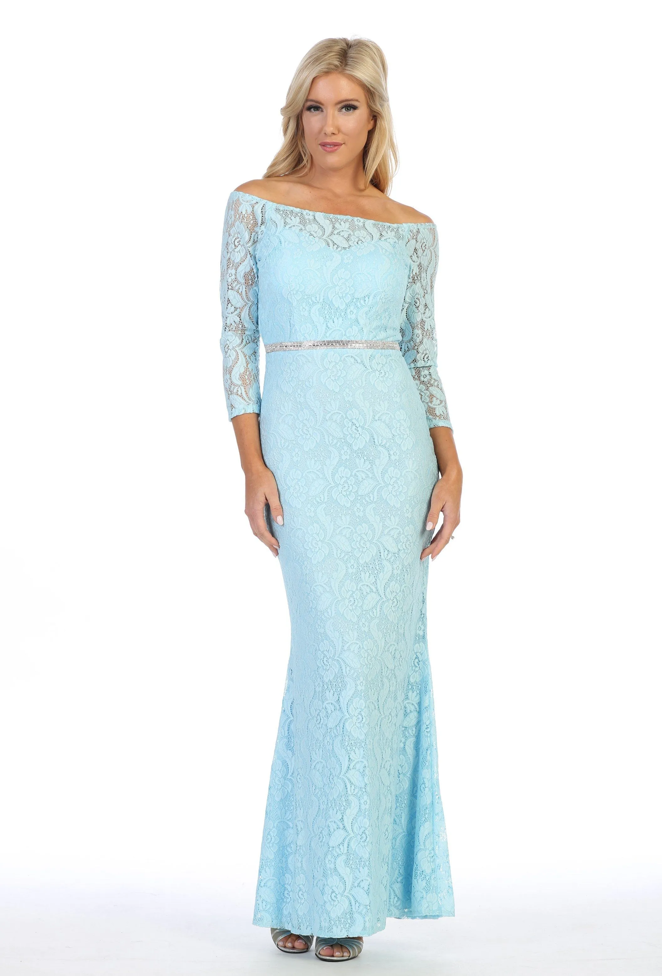 Off Shoulder Long Lace Dress with Sleeves by Celavie 6343L