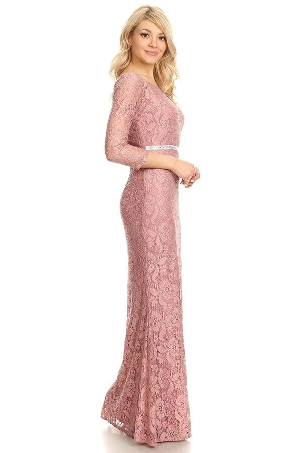 Off Shoulder Long Lace Dress with Sleeves by Celavie 6343L