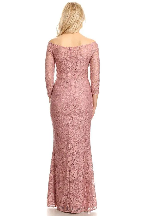 Off Shoulder Long Lace Dress with Sleeves by Celavie 6343L